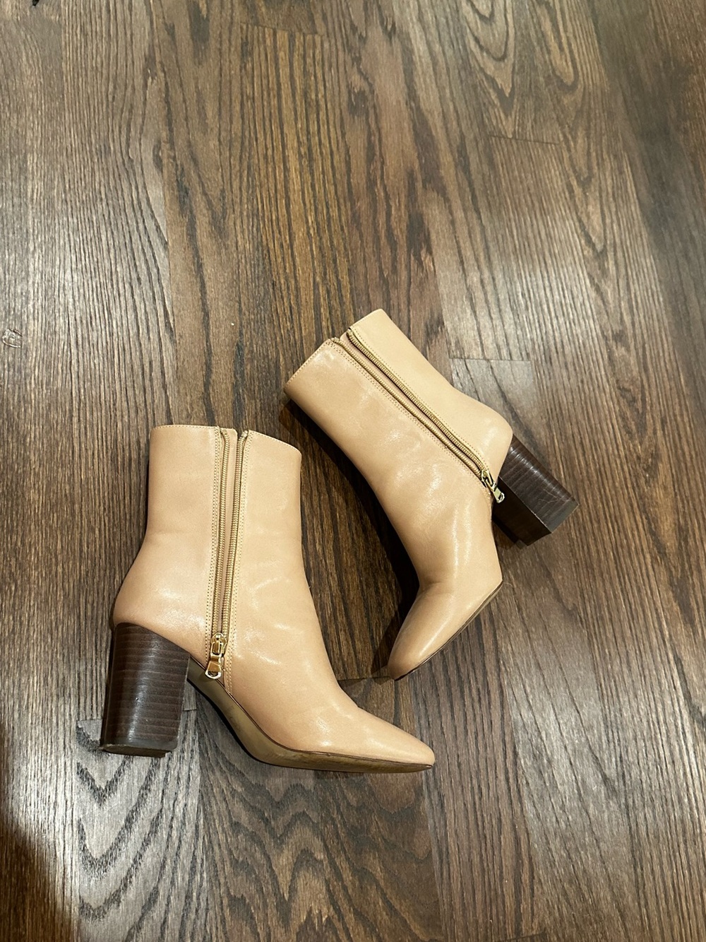 Ann Taylor Nude Leather Pointed-Toe Ankle Boots with Block Heel
